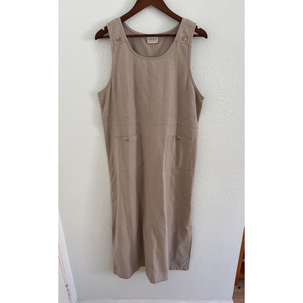 Vintage 90's Erika Collection Jumper Dress Women's Large Khaki Embroidered